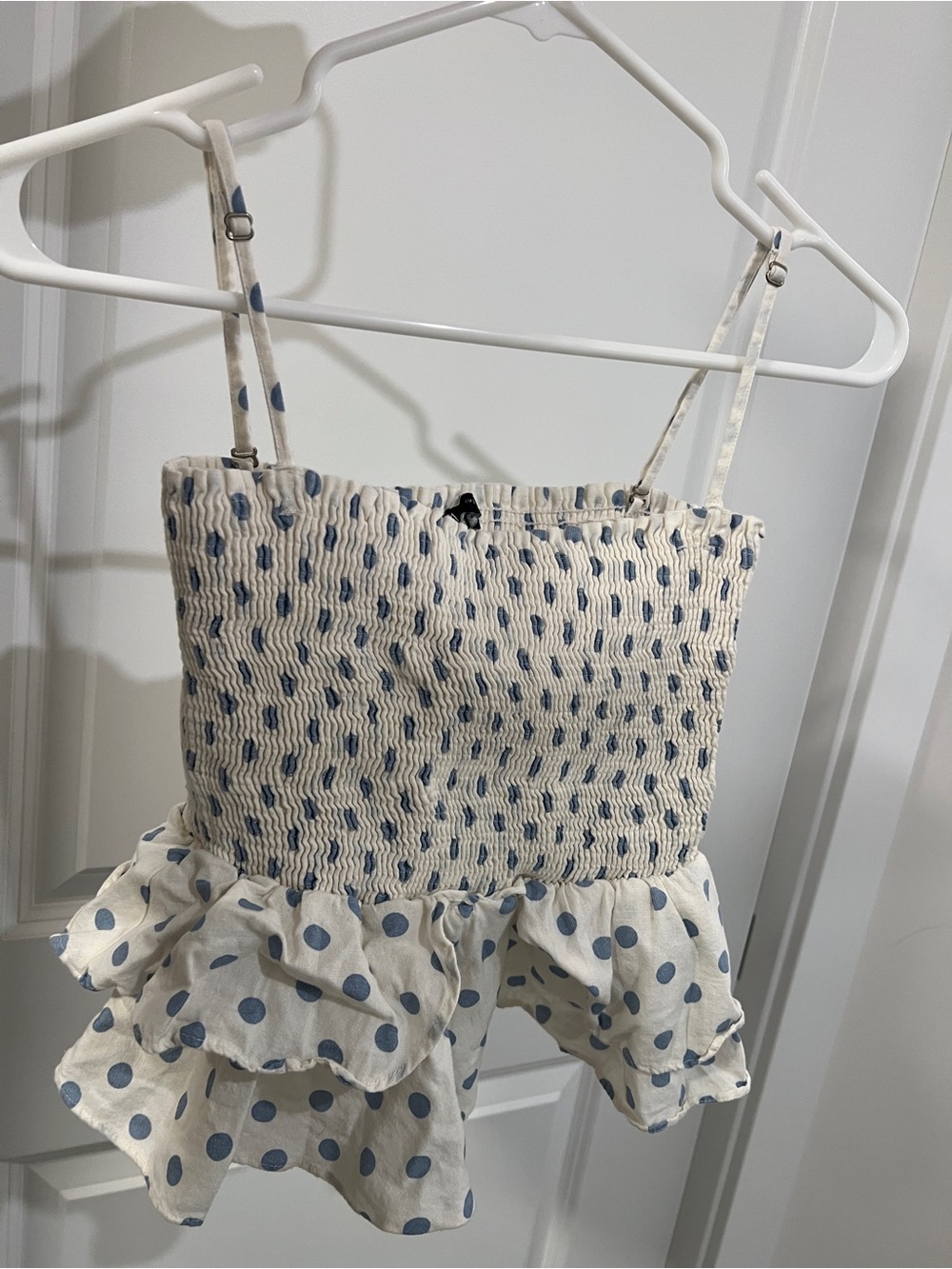 Zara Cream Smocked Cami with Blue Polka Dots and Ruffle Hem